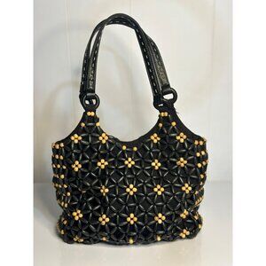 VTG Y2K Boho Style Nine West Handcrafted Black Tan Wood Bead Flower Bag